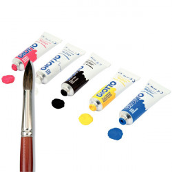 5 tubes de gouache et 1 pinceau (gouaches couleurs primaires + noir et blanc)